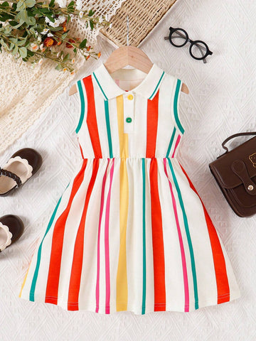 Young Girl Sleeveless Striped & Printed Casual Dress, Summer Fashionable & Refreshing Outfit