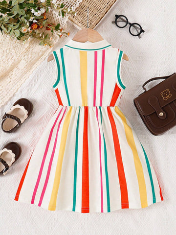 Young Girl Sleeveless Striped & Printed Casual Dress, Summer Fashionable & Refreshing Outfit