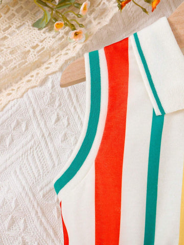 Young Girl Sleeveless Striped & Printed Casual Dress, Summer Fashionable & Refreshing Outfit