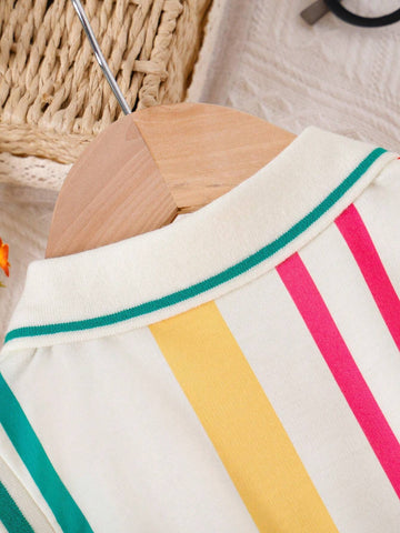 Young Girl Sleeveless Striped & Printed Casual Dress, Summer Fashionable & Refreshing Outfit