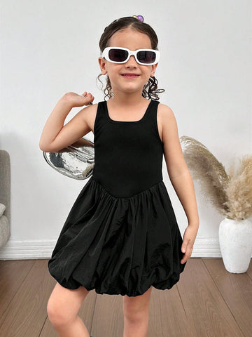 Young Girl Sleeveless Tight-Fitting Lantern Dress Hem Dress