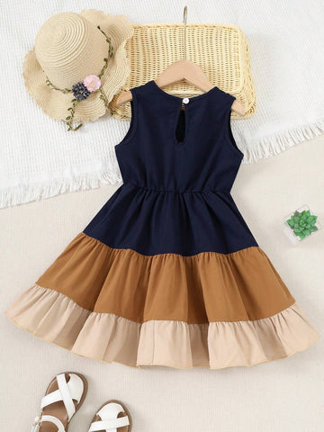 Young Girl Sleeveless Tri-Color Splicing Ruffled Hem Princess Dress