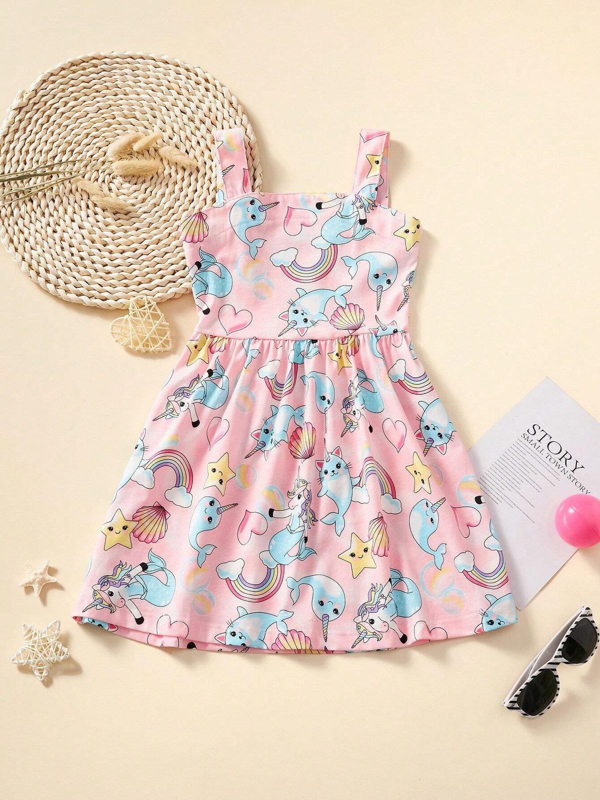 Young Girl Sleeveless Unicorn Print Dress, Cartoon Pattern, Breathable And Trendy For Summer