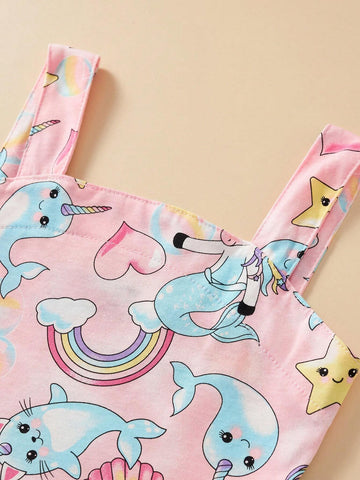 Young Girl Sleeveless Unicorn Print Dress, Cartoon Pattern, Breathable And Trendy For Summer