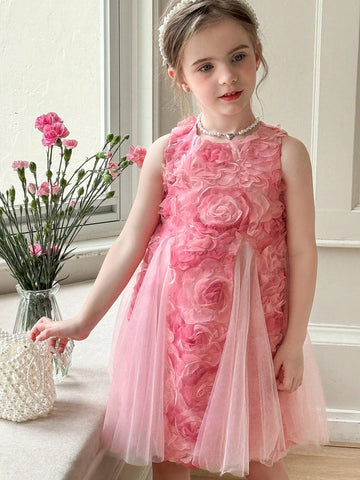 Young Girl Sleeveless Woven Floral Contrast Mesh Dress