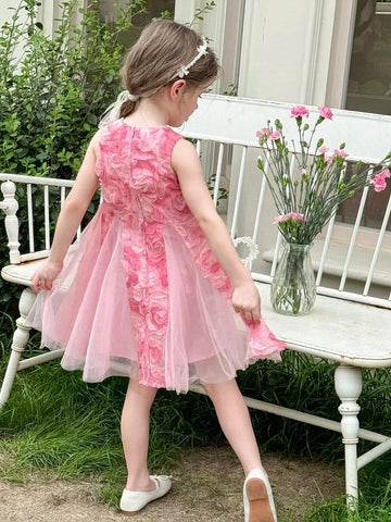 Young Girl Sleeveless Woven Floral Contrast Mesh Dress