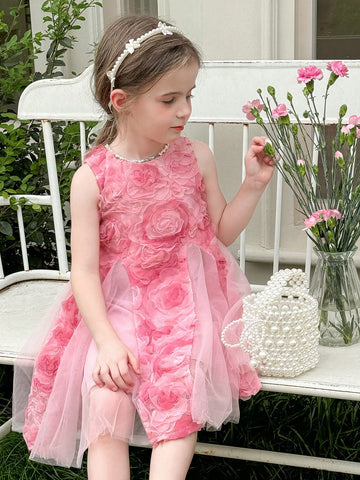 Young Girl Sleeveless Woven Floral Contrast Mesh Dress