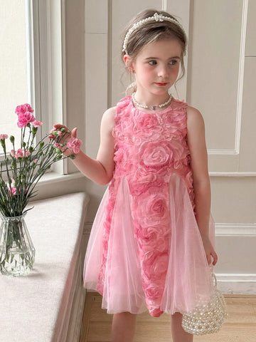 Young Girl Sleeveless Woven Floral Contrast Mesh Dress