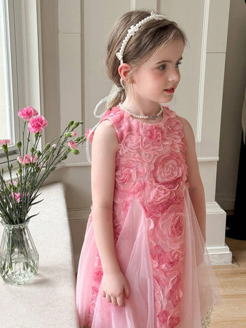 Young Girl Sleeveless Woven Floral Contrast Mesh Dress