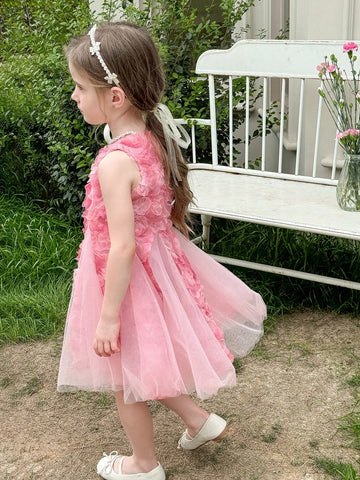 Young Girl Sleeveless Woven Floral Contrast Mesh Dress