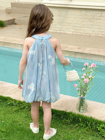 Young Girl Sleeveless Woven Solid Color Embroidered Round Neck Pullover Dress