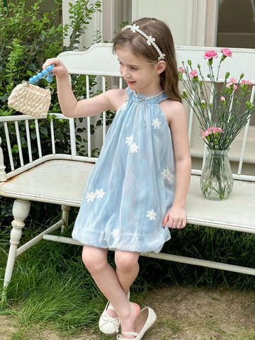 Young Girl Sleeveless Woven Solid Color Embroidered Round Neck Pullover Dress