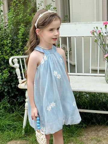 Young Girl Sleeveless Woven Solid Color Embroidered Round Neck Pullover Dress
