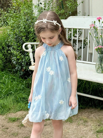 Young Girl Sleeveless Woven Solid Color Embroidered Round Neck Pullover Dress