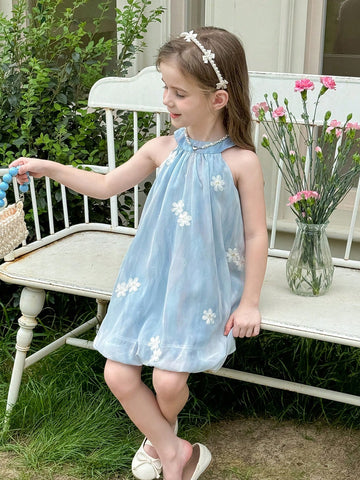 Young Girl Sleeveless Woven Solid Color Embroidered Round Neck Pullover Dress