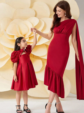 Young Girl Slim Fit Elegant Openwork Waisted A-Line Dress