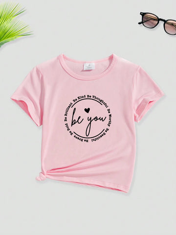 Young Girl Slogan Pattern Printed Short Sleeve T-Shirt, Summer Casual Wear