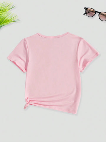 Young Girl Slogan Pattern Printed Short Sleeve T-Shirt, Summer Casual Wear