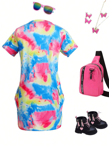 Young Girl Smiling Tie Dye Printed Summer Short Sleeve Dress With Round Neck