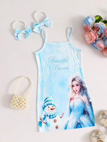 Young Girl Snow Princess Snowman Print Slip Dress With Bow Decor, Perfect For Attending Parties Or Special Events, Instantly Becoming The Center Of Attention