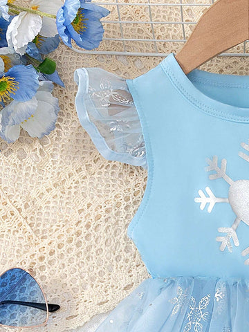 Young Girl Snowflake Pattern Mesh Hem Luxurious Ice Crystal Tiered Sleeve Dress