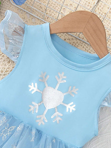 Young Girl Snowflake Pattern Mesh Hem Luxurious Ice Crystal Tiered Sleeve Dress