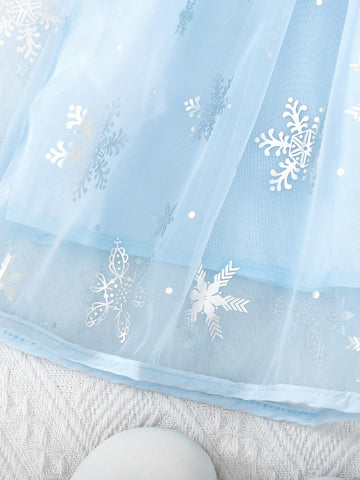 Young Girl Snowflake Pattern Mesh Hem Luxurious Ice Crystal Tiered Sleeve Dress