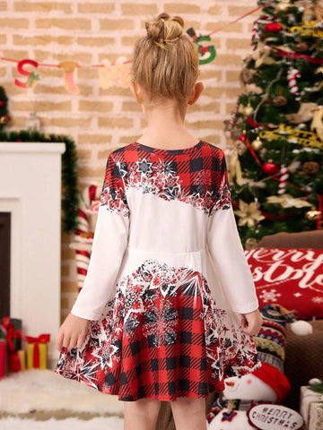 Young Girl Snowman Plaid & Snowflake Print Long Sleeve Dress, Family Matching Christmas Outfit (2pcs Set, Sold Separately)