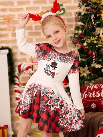 Young Girl Snowman Plaid & Snowflake Print Long Sleeve Dress, Family Matching Christmas Outfit (2pcs Set, Sold Separately)