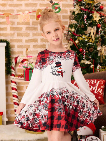 Young Girl Snowman Plaid & Snowflake Print Long Sleeve Dress, Family Matching Christmas Outfit (2pcs Set, Sold Separately)