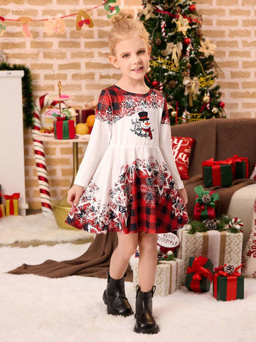 Young Girl Snowman Plaid & Snowflake Print Long Sleeve Dress, Family Matching Christmas Outfit (2pcs Set, Sold Separately)