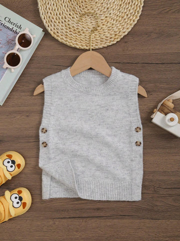 Young Girl' Solid Color Buttoned Knitted Vest Sweater