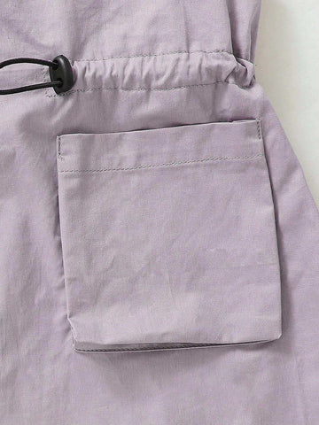 Young Girl Solid Color Casual Suspender Dress With Waist Drawstring And Double Pockets For Summer