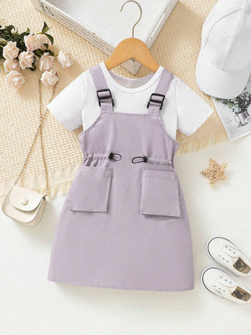 Young Girl Solid Color Casual Suspender Dress With Waist Drawstring And Double Pockets For Summer