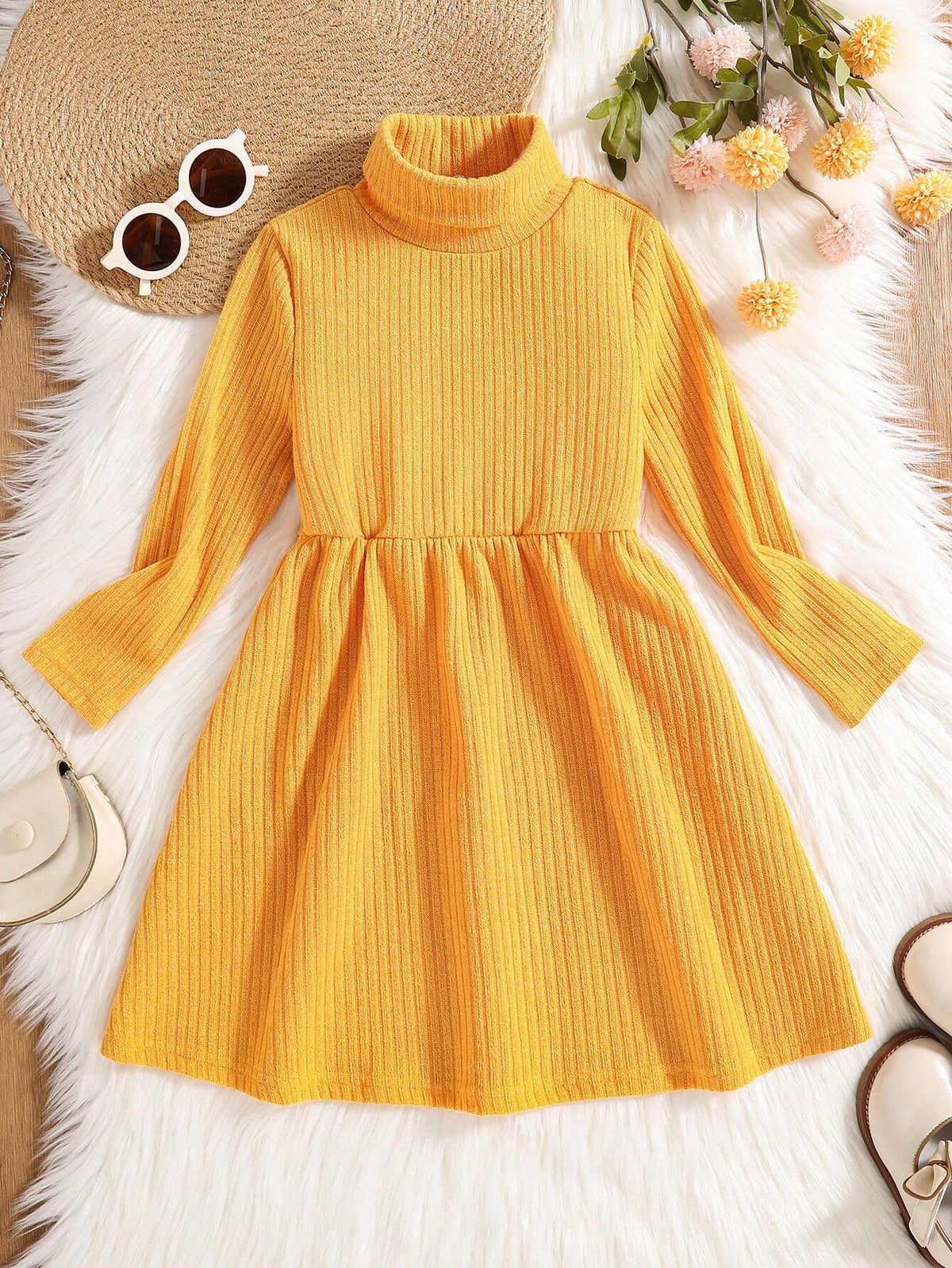 Young Girl Solid Color Casual Turtleneck Long Sleeve Dress, Autumn