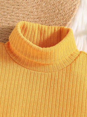 Young Girl Solid Color Casual Turtleneck Long Sleeve Dress, Autumn
