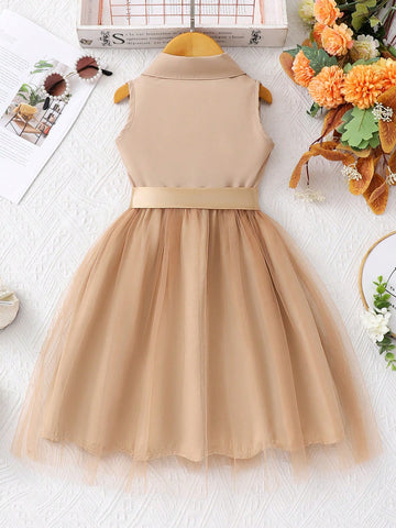 Young Girl' Solid Color Collared Sleeveless Mesh Dress With Woven Belt