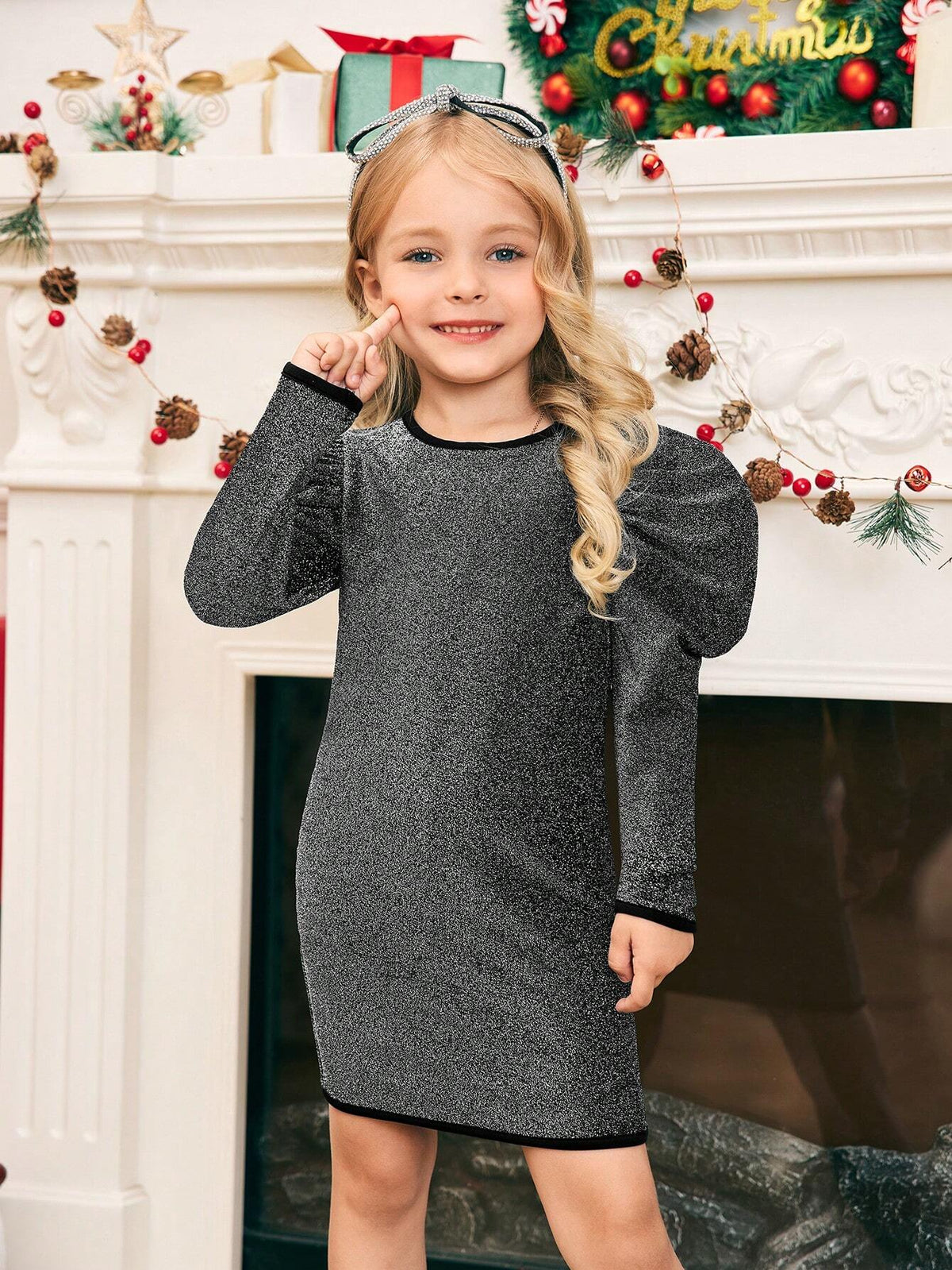 Young Girl Solid Color Crew Neck Gigot Sleeve Fitted Knit Dress