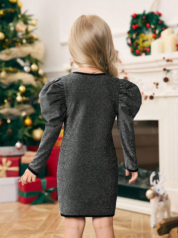 Young Girl Solid Color Crew Neck Gigot Sleeve Fitted Knit Dress