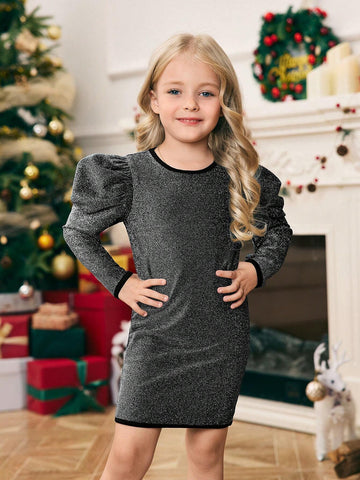 Young Girl Solid Color Crew Neck Gigot Sleeve Fitted Knit Dress