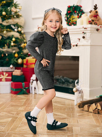Young Girl Solid Color Crew Neck Gigot Sleeve Fitted Knit Dress