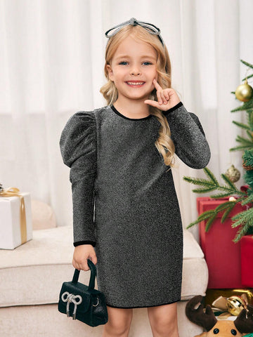 Young Girl Solid Color Crew Neck Gigot Sleeve Fitted Knit Dress