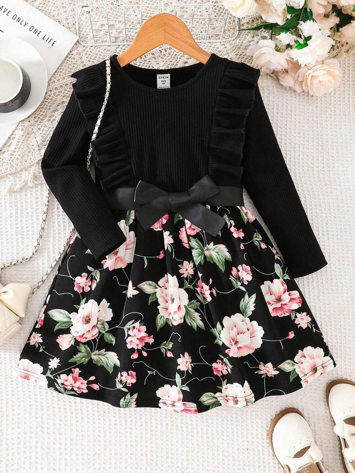Young Girl Solid Color Crew Neck Ruffle Patchwork Ditsy Floral Casual Dress