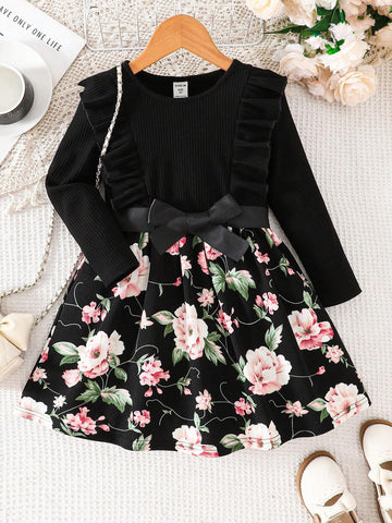 Young Girl Solid Color Crew Neck Ruffle Patchwork Ditsy Floral Casual Dress