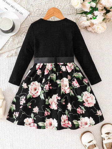 Young Girl Solid Color Crew Neck Ruffle Patchwork Ditsy Floral Casual Dress
