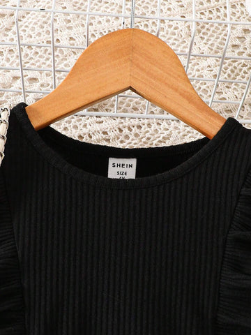 Young Girl Solid Color Crew Neck Ruffle Patchwork Ditsy Floral Casual Dress