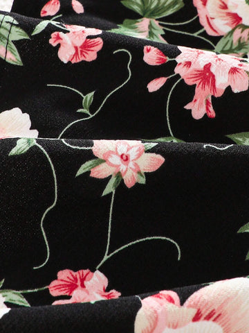 Young Girl Solid Color Crew Neck Ruffle Patchwork Ditsy Floral Casual Dress