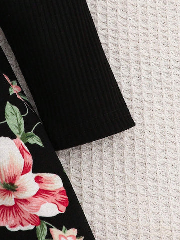 Young Girl Solid Color Crew Neck Ruffle Patchwork Ditsy Floral Casual Dress