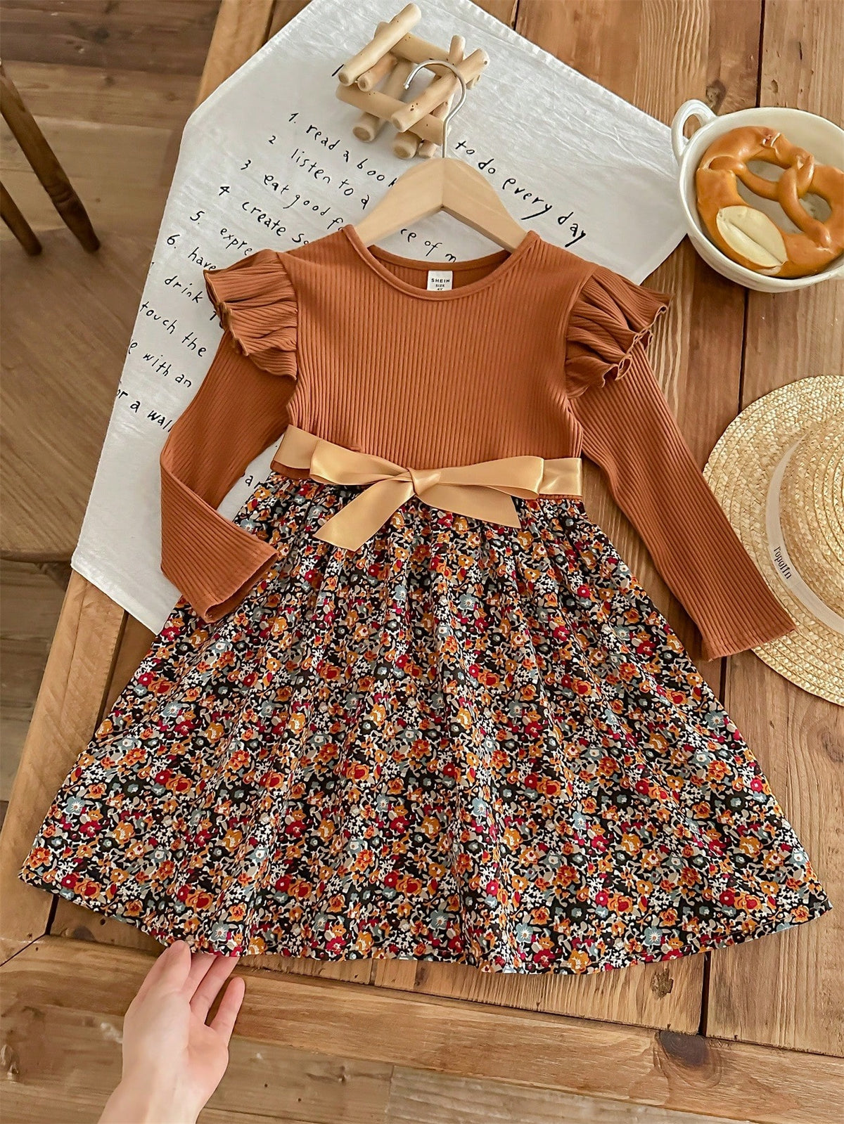Young Girl Solid Color Crew Neck Ruffled Patchwork Printed Knit Casual Dress