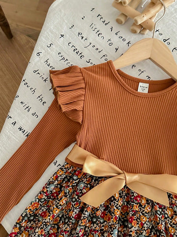 Young Girl Solid Color Crew Neck Ruffled Patchwork Printed Knit Casual Dress